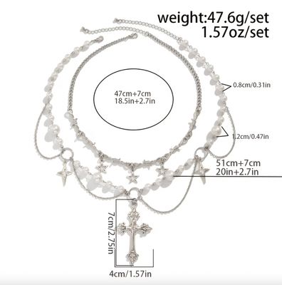 Multi Layered Link/Pearl Chain Cross Statement Necklace 