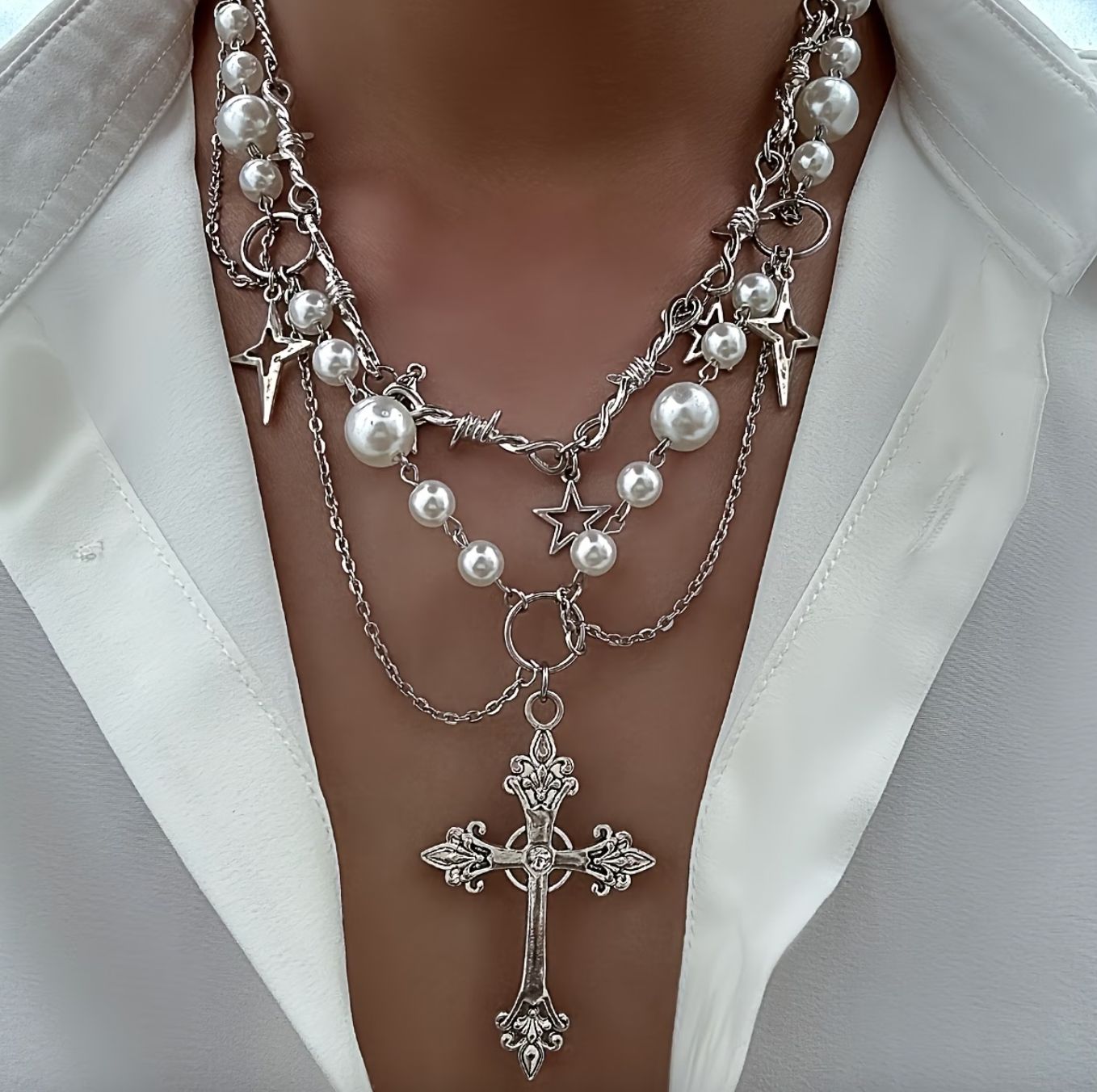 Multi Layered Link/Pearl Chain Cross Statement Necklace