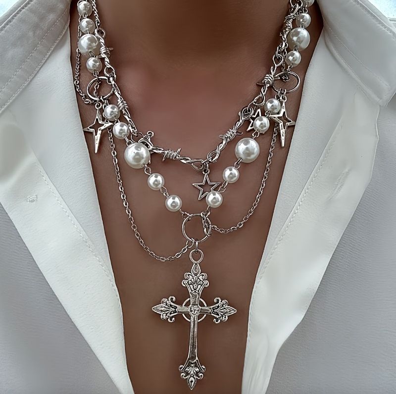 Multi Layered Link/Pearl Chain Cross Statement Necklace