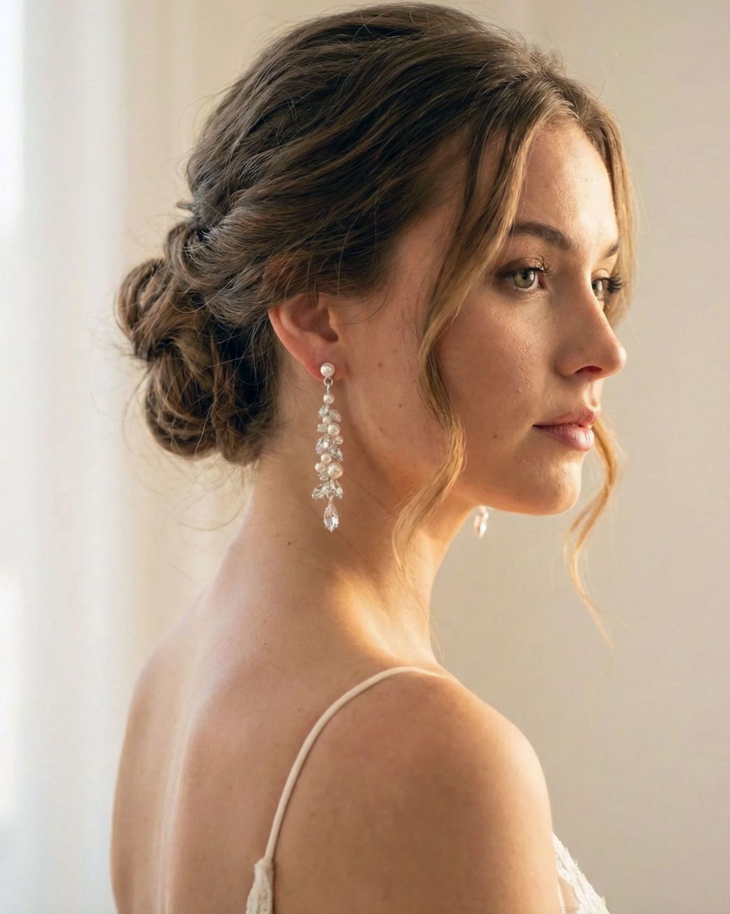 Soft Off White Pearls/Crystal  Linear Drop Formal Earrings