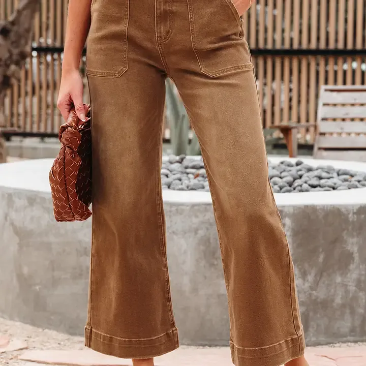 Camel High Rise Wide Leg Slant Cropped Denim