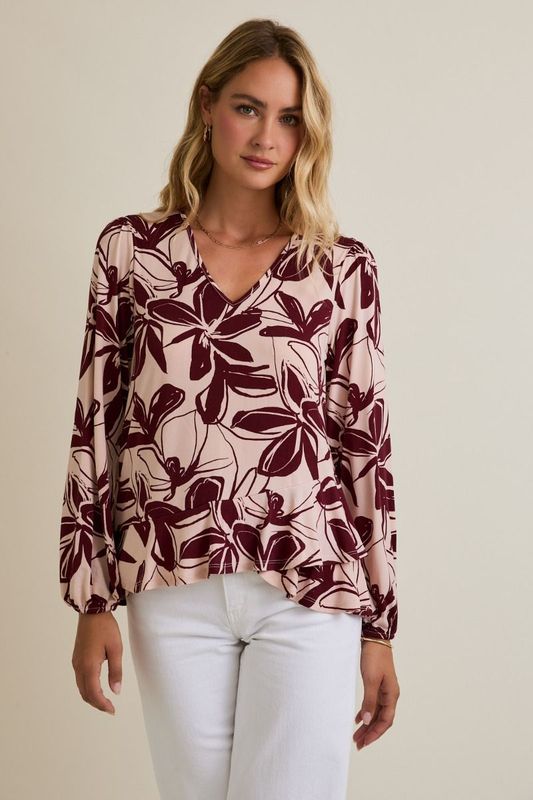 V-Neck Long Sleeve Flare Hem Floral Top V-Neck Long Sleeve Flare Hem Floral Top