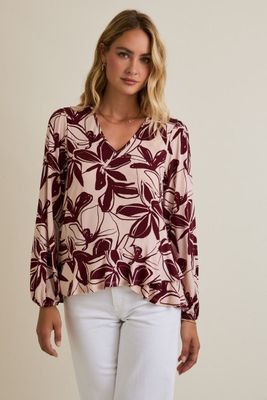 V-Neck Long Sleeve Flare Hem Floral Top V-Neck Long Sleeve Flare Hem Floral Top