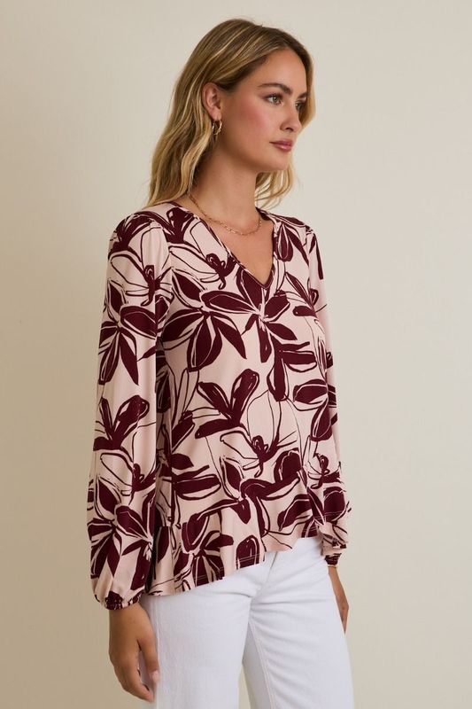 V-Neck Long Sleeve Flare Hem Floral Top