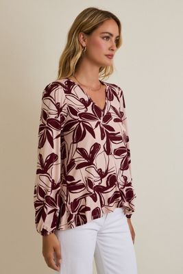 V-Neck Long Sleeve Flare Hem Floral Top