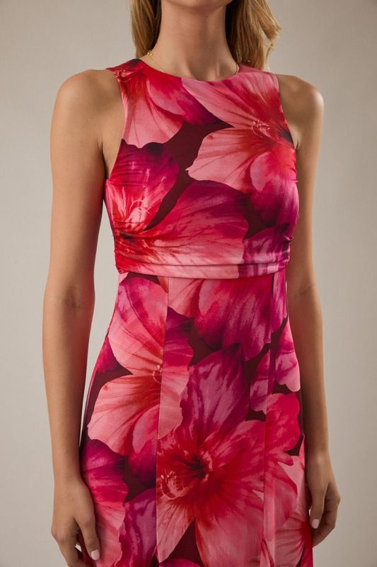 Pink Multi Round Neck Ruched Waist Midi Dress