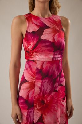 Pink Multi Round Neck Ruched Waist Midi Dress