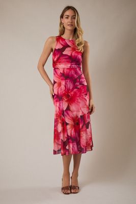Pink Multi Round Neck Ruched Waist Midi Dress