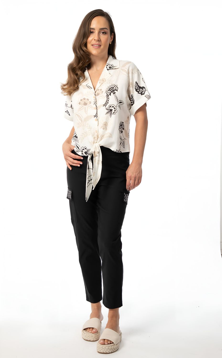 Bali Beige Black/Tan Floral Tie Front Top