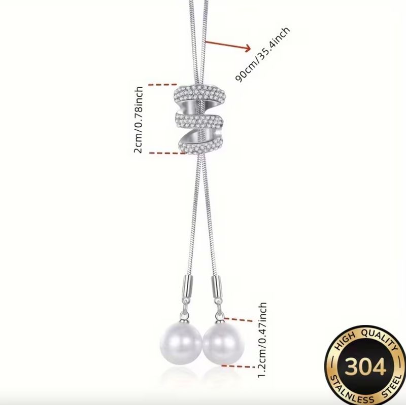 Long Stainless Steal Pearl Crystal Drop Necklace