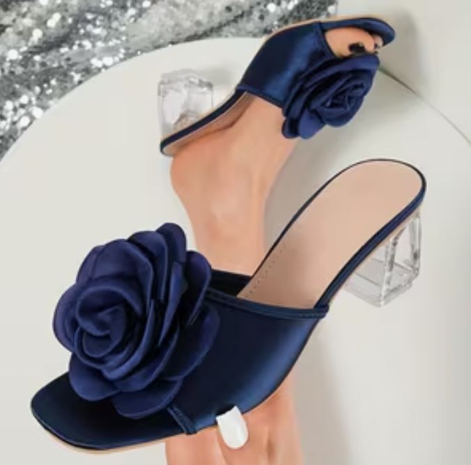 Comfortable Navy Floral Clear Acrylic Heel Shoe