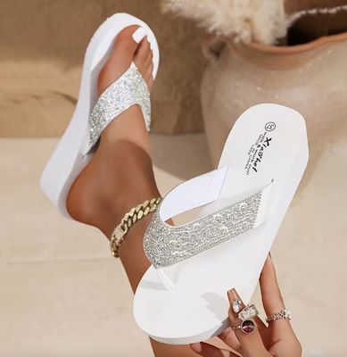 White AB Embellished Wedge Flip Flops White AB Embellished Wedge Flip Flops