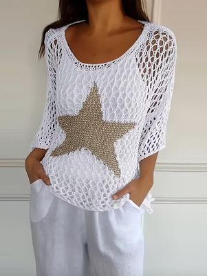 White Open Crochet Top Gold Star Front