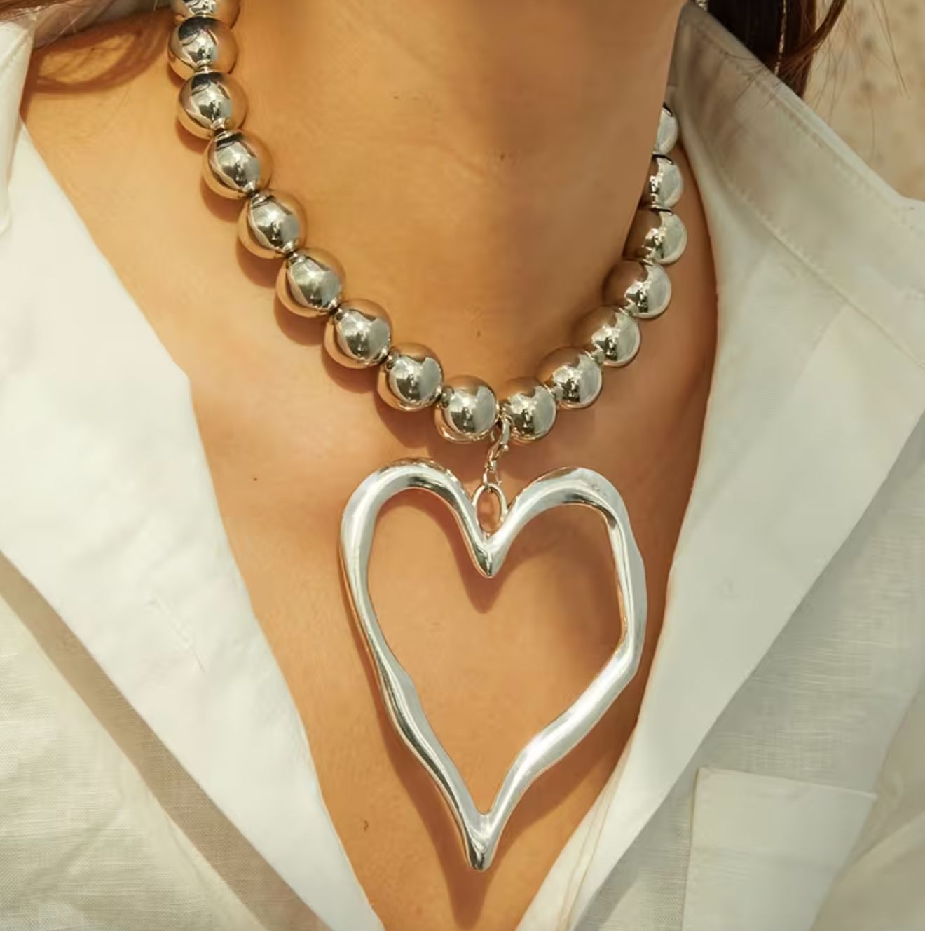 Silver Large Bead Heart Drop Statement Necklace