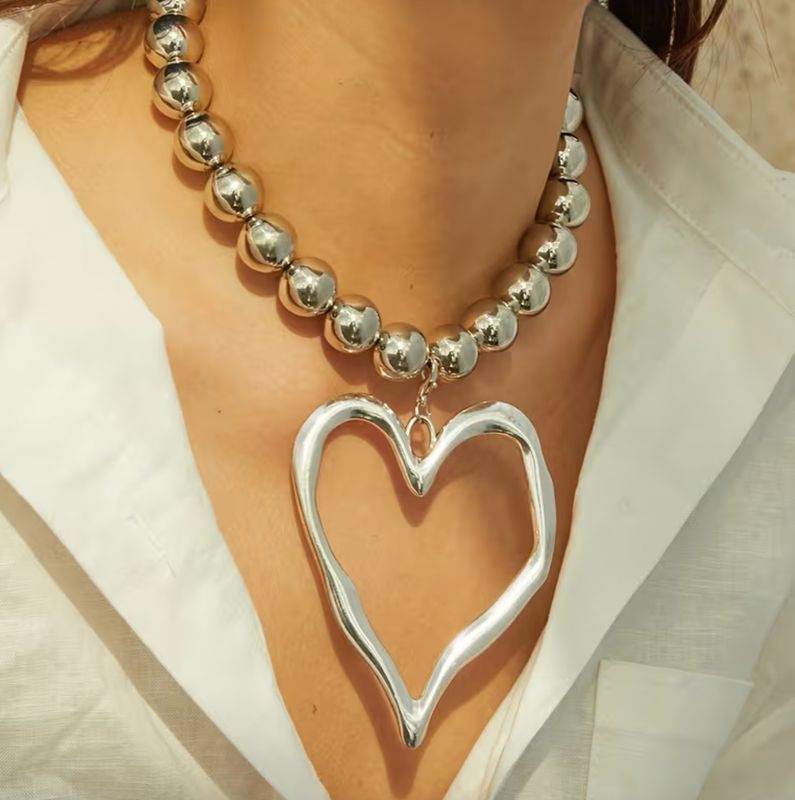 Silver Large Bead Heart Drop Statement Necklace Silver Large Bead Heart Drop Statement Necklace