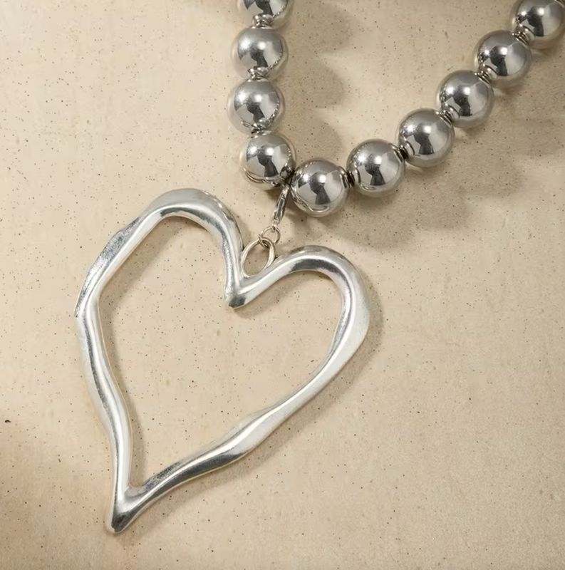 Silver Large Bead Heart Drop Statement Necklace