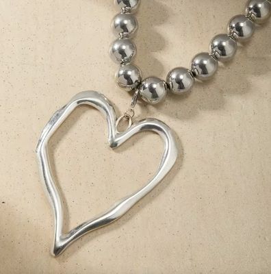 Silver Large Bead Heart Drop Statement Necklace 