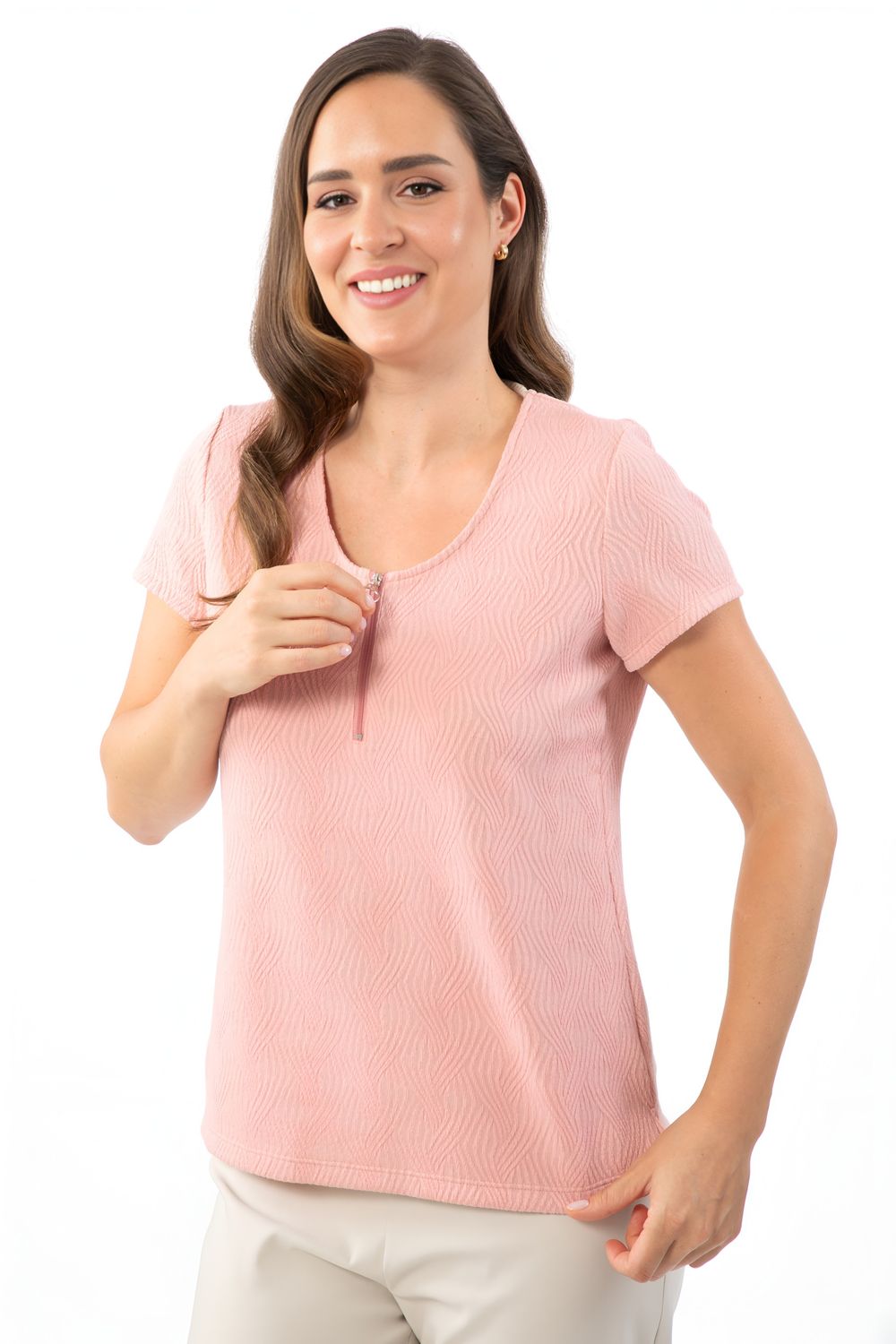 Bali Pink Wave Print Zipper Ring Pull Neck Top Bali Pink Wave Print Zipper Ring Pull Neck Top