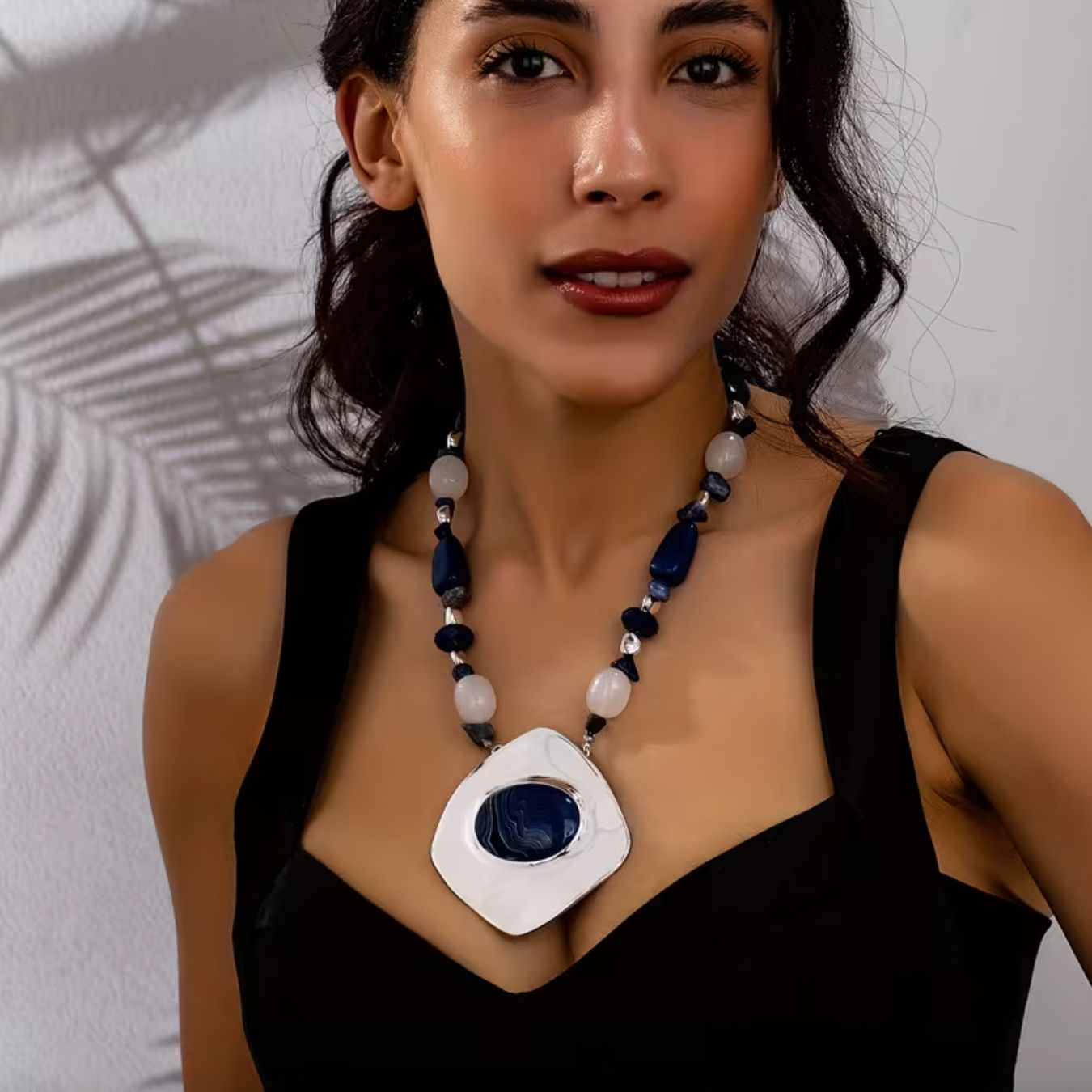 Silver/Navy Bohemian Beaded Pendant Necklace