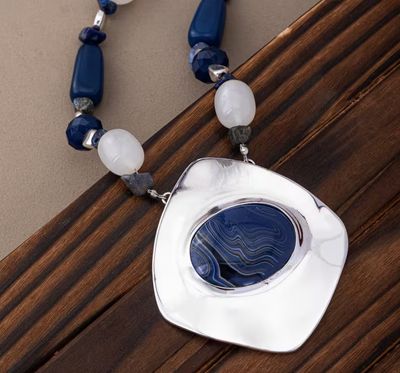 Silver/Navy Bohemian Beaded Pendant Necklace