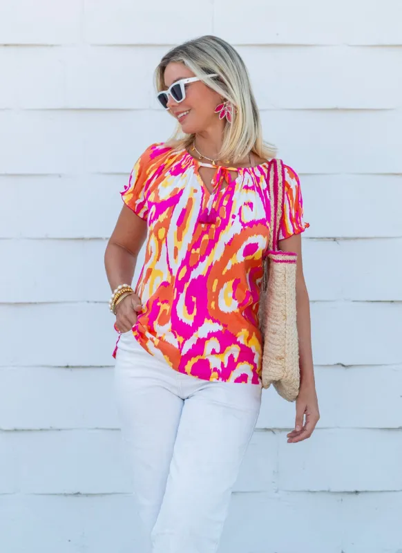 Puff Sleeve Tassel-Tie Front Bright Summer Top