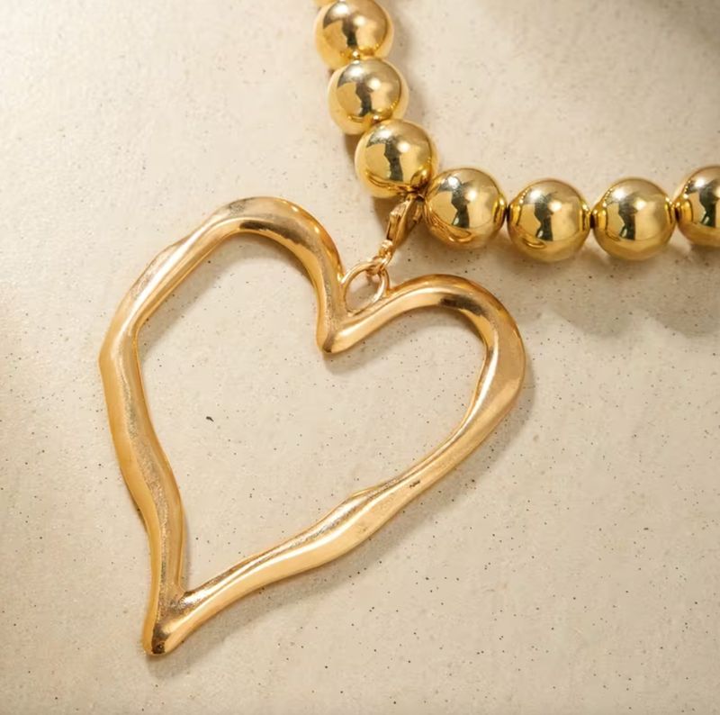 Gold Large Bead Heart Drop Statement Necklace