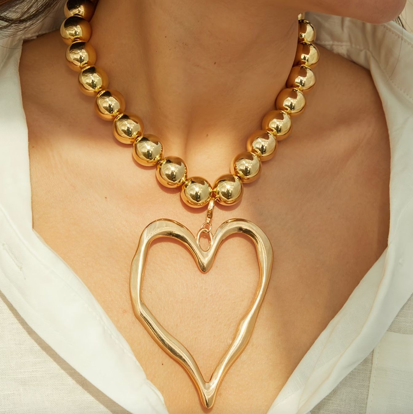 Gold Large Bead Heart Drop Statement Necklace