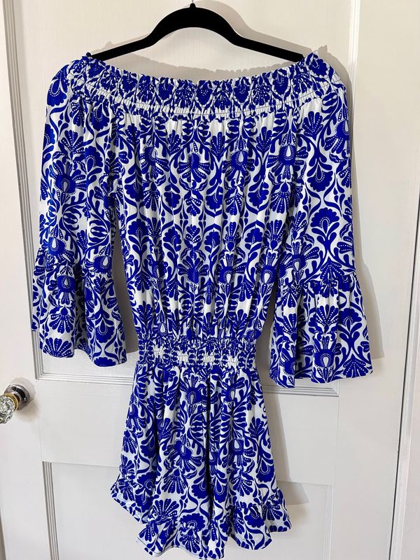 Cerulean Blue Bell Sleeve Off shoulder Rhomper
