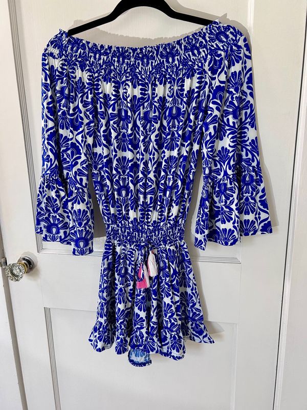 Cerulean Blue Bell Sleeve Off shoulder Rhomper