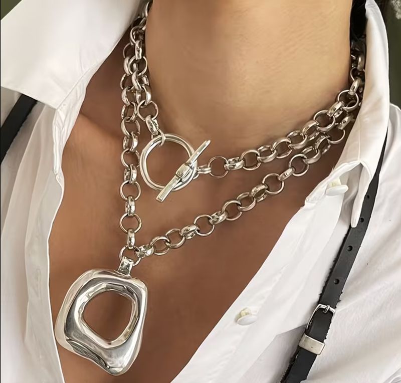 Silver Tone Link Geometric Pendant Long/Double Wrap Necklace