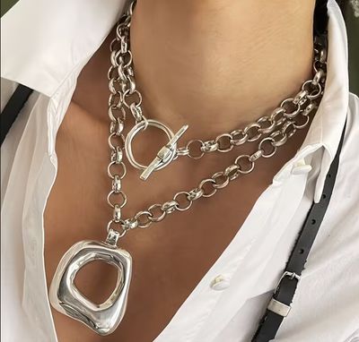 Silver Tone Link Geometric Pendant Long/Double Wrap Necklace