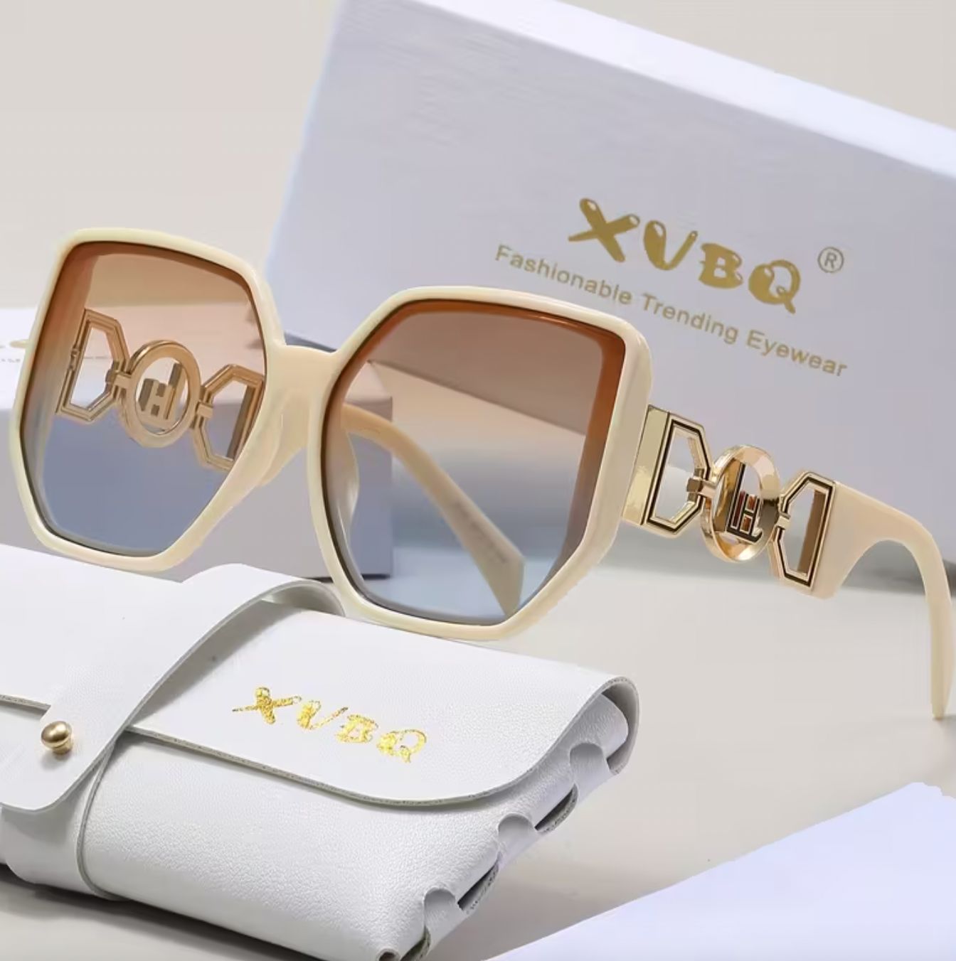 High Quality Designer Look Large Ivory/Gold Sunglasses