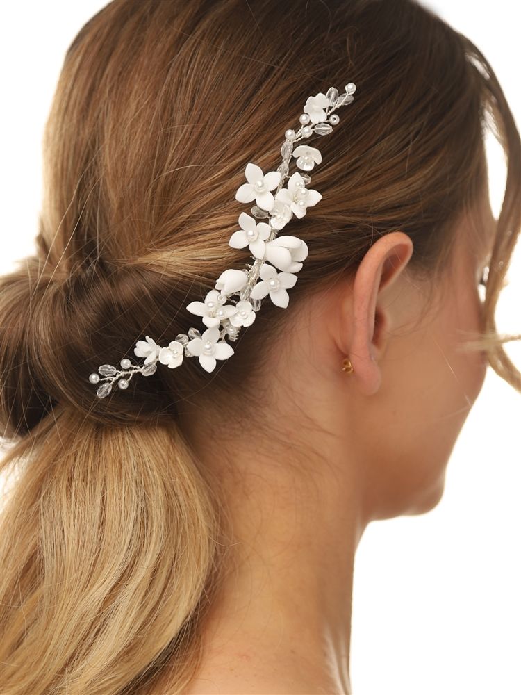 White Resin Flowers, Crystals and Dainty Ivory Pearls Hair Comb