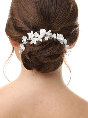 White Resin Flowers, Crystals and Dainty Ivory Pearls Hair Comb
