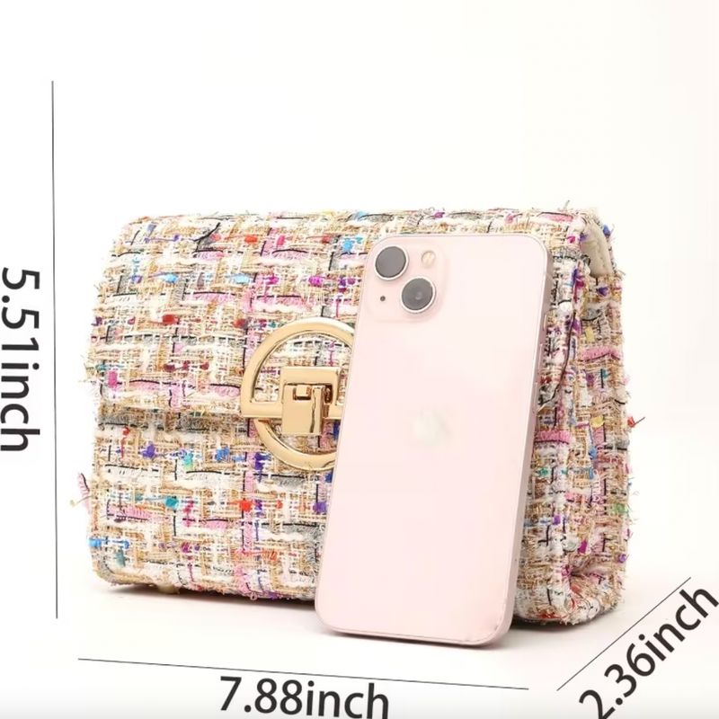 Multi Tweed Flap Front Gold Chain Cross Body Handbag