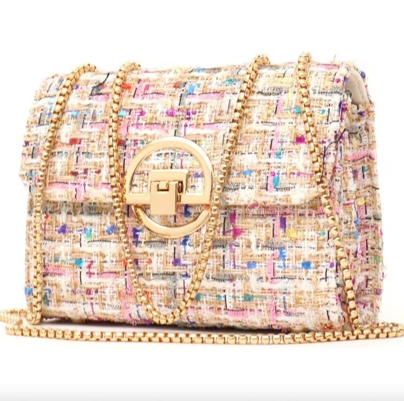 Multi Tweed Flap Front Gold Chain Cross Body Handbag