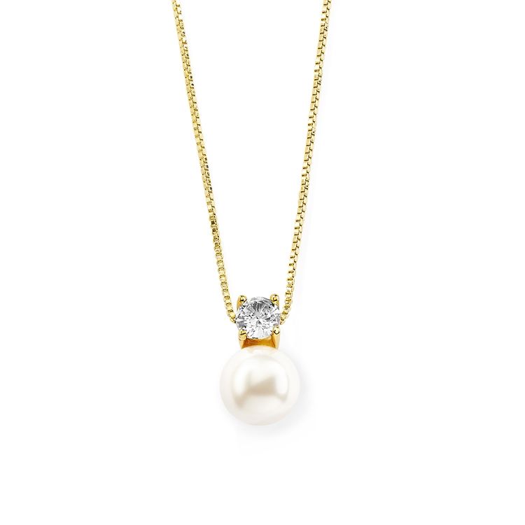 Soft Creme 10mm Pearl & CZ Gold Solitaire Bridal Necklace Pendant