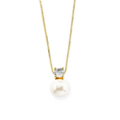 Soft Creme 10mm Pearl &amp; CZ Gold Solitaire Bridal Necklace Pendant