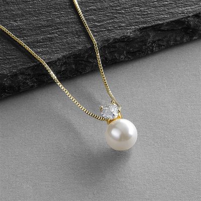 Soft Creme 10mm Pearl &amp; CZ Gold Solitaire Bridal Necklace Pendant