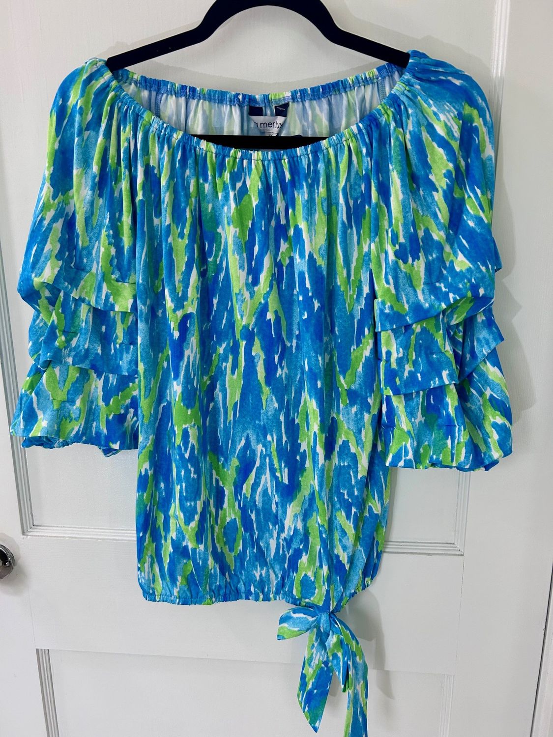 Green Watercolor Off Shoulder Breezy Tie Waist Top