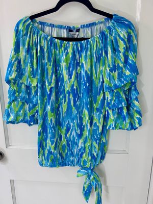 Green Watercolor Off Shoulder Breezy Tie Waist Top