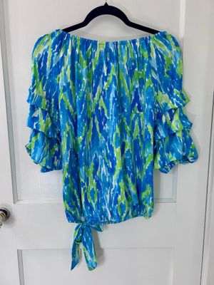 Green Watercolor Off Shoulder Breezy Tie Waist Top