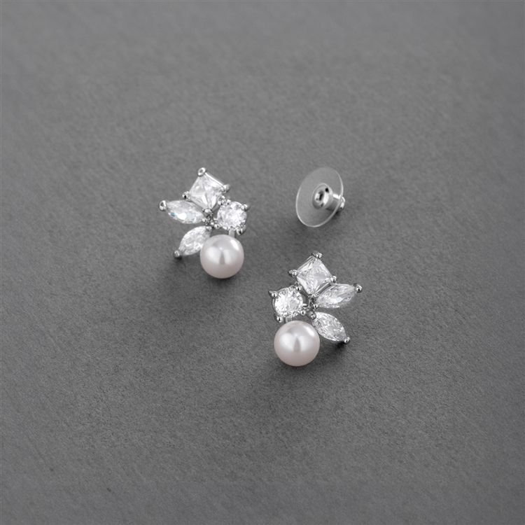 Mixed Shape Cubic Zirconia Cluster Bridal Earrings with 6mm Ivory Pearls