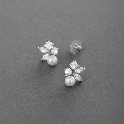Mixed Shape Cubic Zirconia Cluster Bridal Earrings with 6mm Ivory Pearls