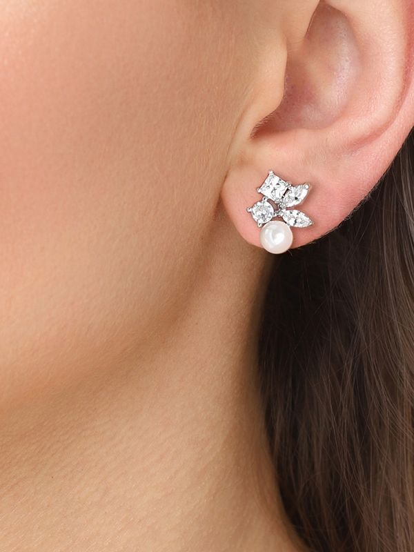 Mixed Shape Cubic Zirconia Cluster Bridal Earrings with 6mm Ivory Pearls