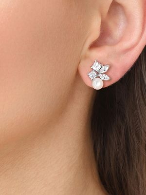 Mixed Shape Cubic Zirconia Cluster Bridal Earrings with 6mm Ivory Pearls