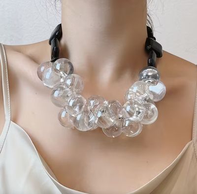 Clear Acrylic Ball Cluster Front/Black Square Bead Necklace