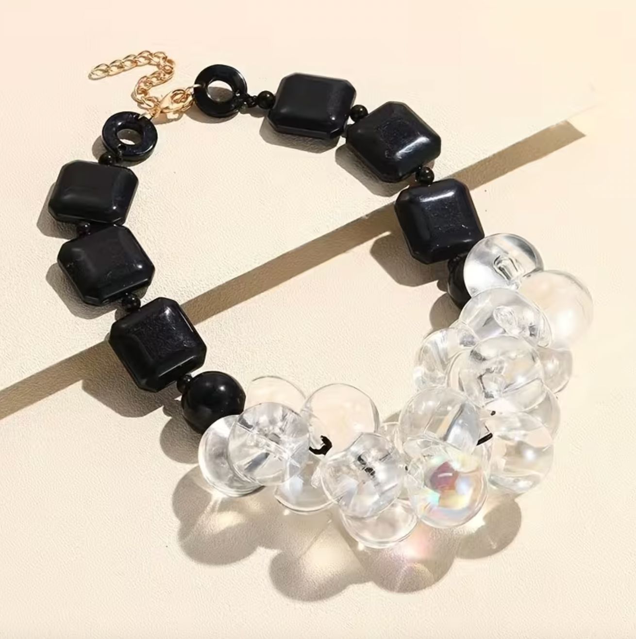 Clear Acrylic Ball Cluster Front/Black Square Bead Necklace
