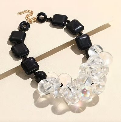 Clear Acrylic Ball Cluster Front/Black Square Bead Necklace