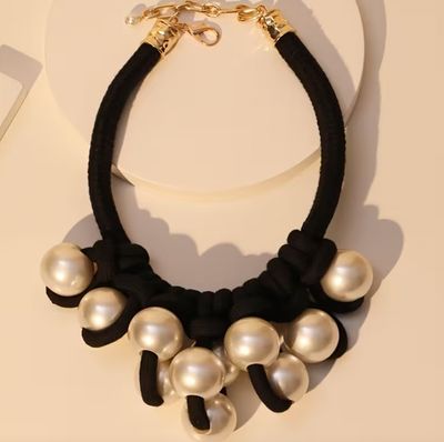 Large Faux Pearl/Black Rope Statement Set